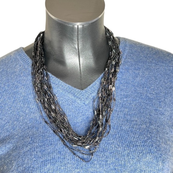 NWT FIBRATIONS Mulit-layered Strings Necklace Black Grey Gold - Picture 2 of 16